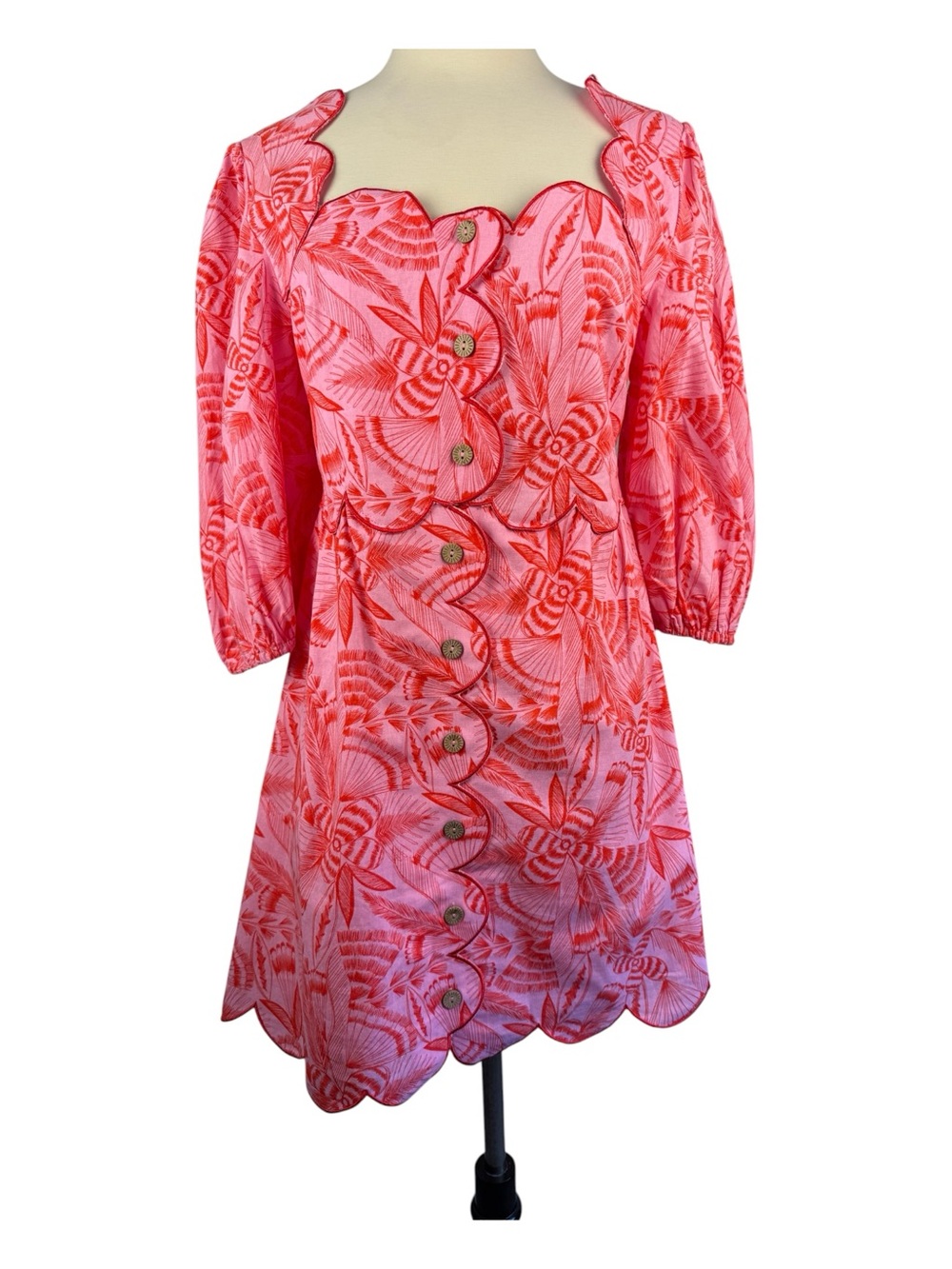 FATE Dress Pink Scallop Button Front 100% Cotton Embroidered Detail BOHO Chic S